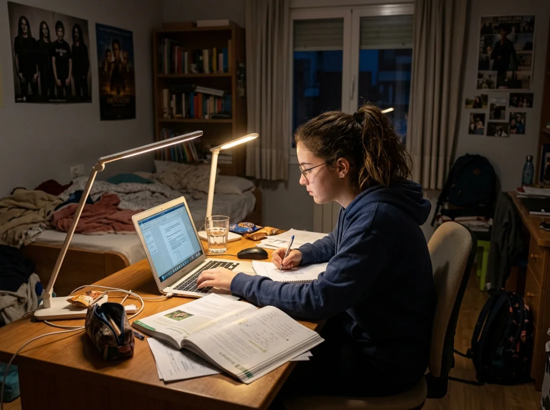 Alumno de 1.º ESO estudiando en su cuarto con el portátil abierto