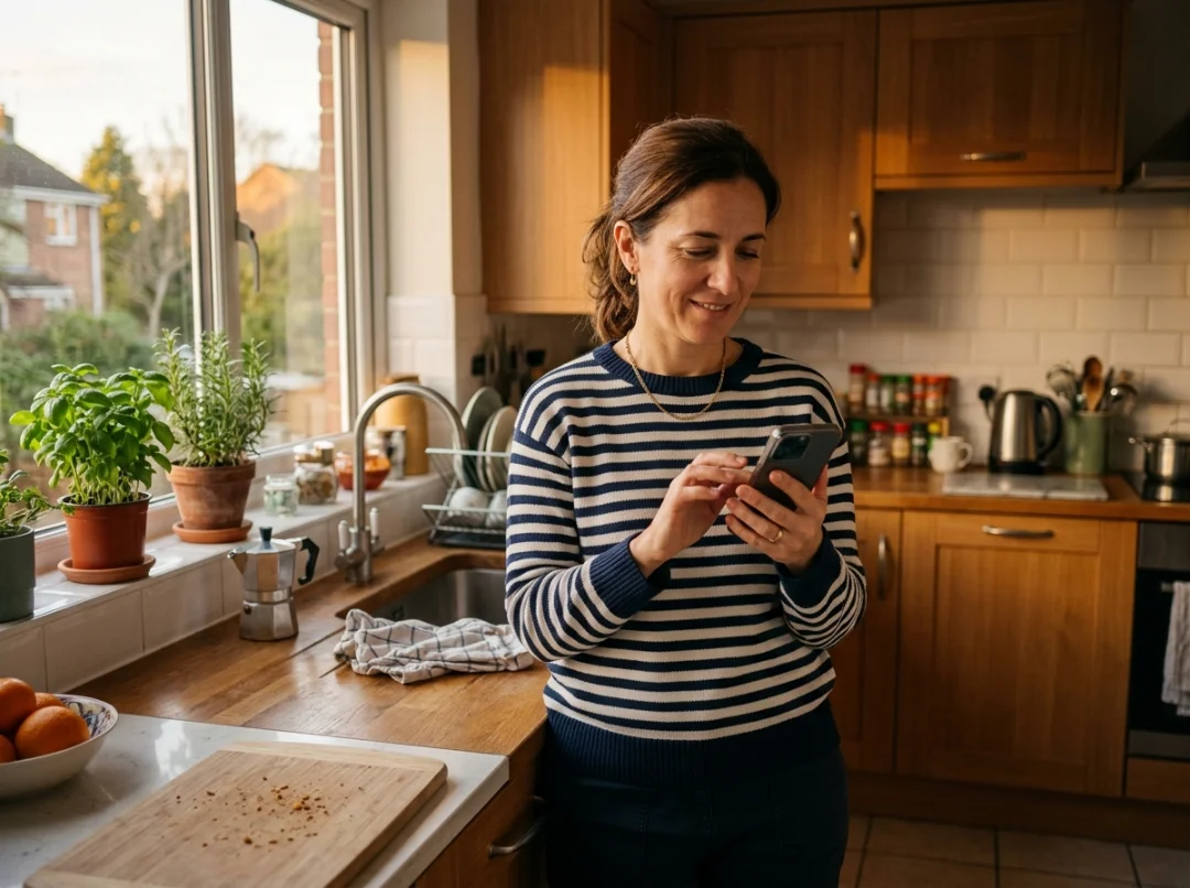 Madre consultando el móvil en la cocina de casa, gesto tranquilo