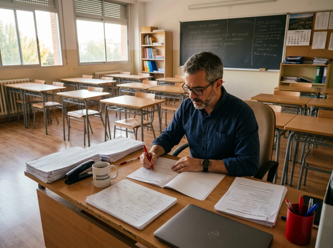 Profesor corrigiendo exámenes en papel en un aula vacía al final del día